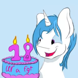 Size: 4000x4000 | Tagged: artist:frostyb, birthday, birthday cake, birthday candles, cake, cute, derpibooru import, male, oc, oc:frost bright, safe, unofficial characters only, ur a faget