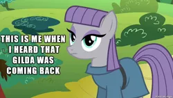 Size: 610x343 | Tagged: safe, derpibooru import, edit, edited screencap, screencap, gilda, maud pie, gryphon, pony, the lost treasure of griffonstone, female, image macro, mare, meme, not impressed, reaction image