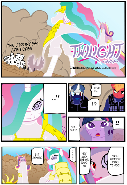 Size: 700x1019 | Tagged: safe, artist:gatesmccloud, derpibooru import, big macintosh, princess cadance, princess celestia, shining armor, pony, biju, biju mode, bipedal, crossover, edo tensei, hatake kakashi, manga, mangekyo sharingan, might guy, naruto, parody, rinnegan, scene parody, sharingan, so awesome, uchiha madara, uchiha obito, uzumaki naruto