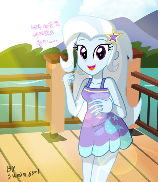 Size: 1421x1633 | Tagged: safe, artist:sumin6301, derpibooru import, trixie, equestria girls, clothes, dress, korean, pocky, solo