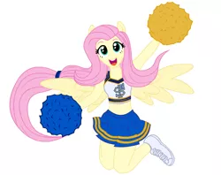 Size: 704x558 | Tagged: safe, artist:kiwi, derpibooru import, fluttershy, equestria girls, cheerleader, clothes, eared humanization, humanized, jumping, looking at you, midriff, open mouth, ponied up, shake it off, skirt, smiling, solo, sports bra, spread wings, winged humanization