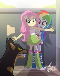Size: 1200x1524 | Tagged: safe, artist:bluse, derpibooru import, fluttershy, rainbow dash, doberman, dog, equestria girls, clothes, crying, female, protecting, role reversal, scared, show accurate, skirt, tanktop
