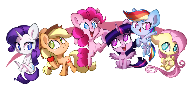 Size: 1840x833 | Tagged: safe, artist:pixel-prism, derpibooru import, applejack, fluttershy, pinkie pie, rainbow dash, rarity, twilight sparkle, twilight sparkle (alicorn), alicorn, pony, apple, chibi, colored pupils, cute, dashabetes, diapinkes, female, jackabetes, mane six, mare, raribetes, shyabetes, sitting, spread wings, twiabetes