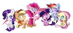 Size: 1840x833 | Tagged: safe, artist:pixel-prism, derpibooru import, applejack, fluttershy, pinkie pie, rainbow dash, rarity, twilight sparkle, twilight sparkle (alicorn), alicorn, pony, apple, chibi, colored pupils, cute, dashabetes, diapinkes, female, jackabetes, mane six, mare, raribetes, shyabetes, sitting, spread wings, twiabetes