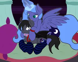 Size: 2500x2000 | Tagged: suggestive, artist:shenhibiki, derpibooru import, princess luna, oc, oc:midnight tales, bat pony, pony, bedroom, canon x oc, clothes, collar, collaring, leash, licking, pet play, shipping, socks, stockings, striped socks