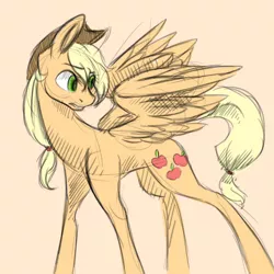 Size: 1224x1224 | Tagged: safe, artist:ebonytails, derpibooru import, applejack, pegasus, pony, flapplejack, frown, looking back, race swap, solo, spread wings, wide eyes