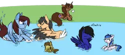 Size: 1024x449 | Tagged: safe, artist:selective-yellow, derpibooru import, oc, oc:calm wind, oc:playbitz, oc:rivet, oc:shine struck, oc:siren bliss, oc:swift justice, unofficial characters only, duck pony, pony, unicorn, behaving like a bird, cute, flirting, pegaduck, pegasus posse, preening, puffy cheeks, shinejustice, sirenbitz, swimming