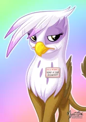 Size: 955x1351 | Tagged: safe, artist:mysticalpha, derpibooru import, gilda, gryphon, the lost treasure of griffonstone, cute, female, frown, gildadorable, gilda is not amused, lidded eyes, looking at you, name tag, solo, that was fast, unamused