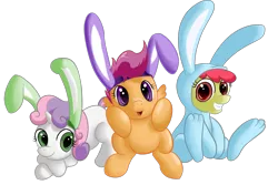 Size: 1280x853 | Tagged: apple bloom, artist:osakaoji, bunny bloom, bunny costume, bunny ears, clothes, costume, cutie mark crusaders, derpibooru import, rabbit, safe, scootaloo, sweetie belle