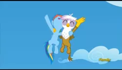 Size: 977x561 | Tagged: safe, derpibooru import, screencap, gilda, rainbow dash, gryphon, pegasus, pony, the lost treasure of griffonstone, cheering, chickub, cute, dashabetes, duo, eyes closed, filly, flying, foal, gildadorable, hug, image, junior speedsters chant, png, smiling, young