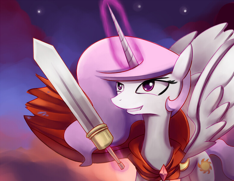 Size: 1280x989 | Tagged: artist:negativefox, cape, clothes, derpibooru import, magic, princess celestia, princess molestia, safe, solo, sword, weapon