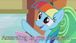 Size: 500x281 | Tagged: alternate hairstyle, book, derpibooru import, dorothy ann, edit, edited screencap, exploitable meme, image macro, magic school bus, manebow sparkle, mane swap, meme, rainbow dash, reading, reading rainboom, reference, safe, screencap, smiling, solo, talking, the lost treasure of griffonstone, train, twilight sparkle