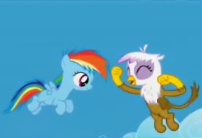 Size: 651x444 | Tagged: safe, derpibooru import, screencap, gilda, rainbow dash, gryphon, pegasus, pony, season 5, the lost treasure of griffonstone, blurry, chickub, cropped, cute, duo, female, filly, foal, gildadorable, junior speedsters chant, low quality