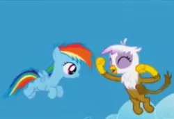 Size: 651x444 | Tagged: safe, derpibooru import, screencap, gilda, rainbow dash, gryphon, pegasus, pony, season 5, the lost treasure of griffonstone, blurry, chickub, cropped, cute, duo, female, filly, foal, gildadorable, junior speedsters chant, low quality