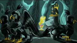 Size: 1920x1080 | Tagged: safe, derpibooru import, screencap, king guto, gryphon, the lost treasure of griffonstone, armor, discovery family logo, flashback, frown, glare, griffon guard, history of griffonstone, idol of boreas, throne