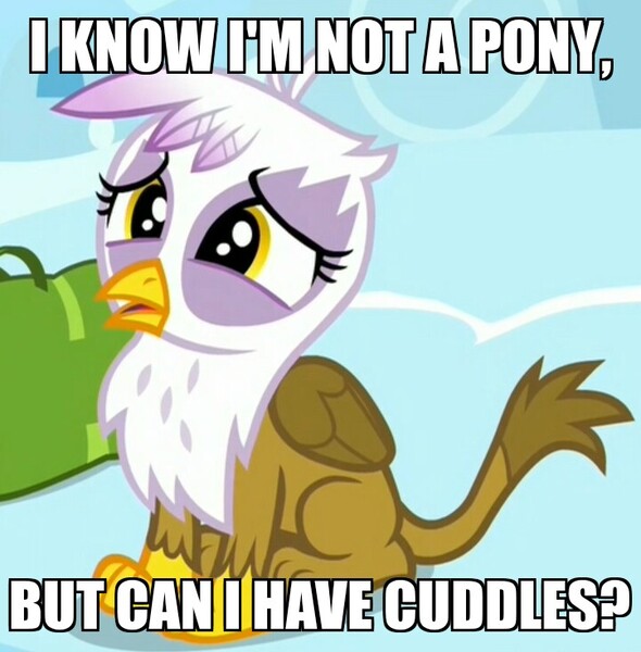 Size: 722x734 | Tagged: safe, derpibooru import, edit, edited screencap, screencap, gilda, gryphon, the lost treasure of griffonstone, bag, bronybait, caption, chickub, cropped, cuddling, cute, female, frown, gildadorable, image macro, li'l gilda, meme, open mouth, sitting, snuggling, solo, younger