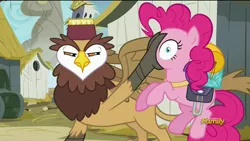 Size: 1920x1080 | Tagged: safe, derpibooru import, screencap, gunter, pinkie pie, earth pony, gryphon, owl griffon, pony, the lost treasure of griffonstone, background griffon, discovery family logo, duo, fez, hat, narrowed eyes, wide eyes
