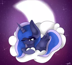 Size: 1024x940 | Tagged: safe, artist:cassidydraws, derpibooru import, princess luna, cloud, moon, night, prone, solo, wink