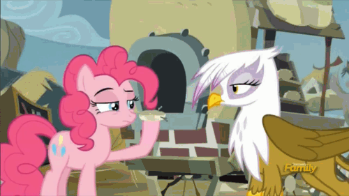 Size: 500x281 | Tagged: safe, derpibooru import, screencap, gilda, pinkie pie, gryphon, the lost treasure of griffonstone, animated, baking powder, discovery family, discovery family logo, jazz hands, oven, scone, subtitles