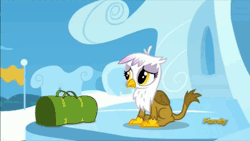 Size: 500x281 | Tagged: safe, derpibooru import, screencap, gilda, rainbow dash, gryphon, the lost treasure of griffonstone, animated, chickub, cute, discovery family, discovery family logo, duffle bag, filly rainbow dash, flag, gildadorable, li'l gilda, young, younger