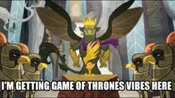 Size: 979x551 | Tagged: safe, derpibooru import, screencap, king grover, gryphon, the lost treasure of griffonstone, crown, crown of grover, game of thrones, history of griffonstone, idol of boreas, image macro, jewelry, meme, regalia, spread wings, wings