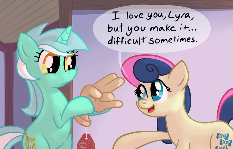 Size: 1280x817 | Tagged: questionable, artist:1trick, derpibooru import, bon bon, lyra heartstrings, sweetie drops, earth pony, pony, unicorn, bipedal, comic, cutie mark, dialogue, female, hand, hoof hold, hooves, horn, lesbian, looking at each other, lyrabon, mare, open mouth, raised hoof, shipping, shocker, smiling