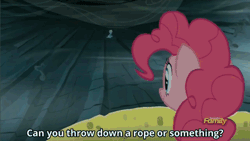 Size: 500x281 | Tagged: abysmal abyss, animated, bandage, comically missing the point, derpibooru import, discovery family, discovery family logo, frown, glare, gritted teeth, helmet, looking up, pinkie pie, rainbow dash, rope, safe, screencap, sitting, spread wings, subtitles, the lost treasure of griffonstone, unamused, welp