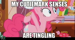 Size: 1268x680 | Tagged: safe, derpibooru import, screencap, pinkie pie, earth pony, pony, the lost treasure of griffonstone, booty call, bronystate, cutie mark, female, glowing cutie mark, image macro, mare, meme, pointing at self, solo