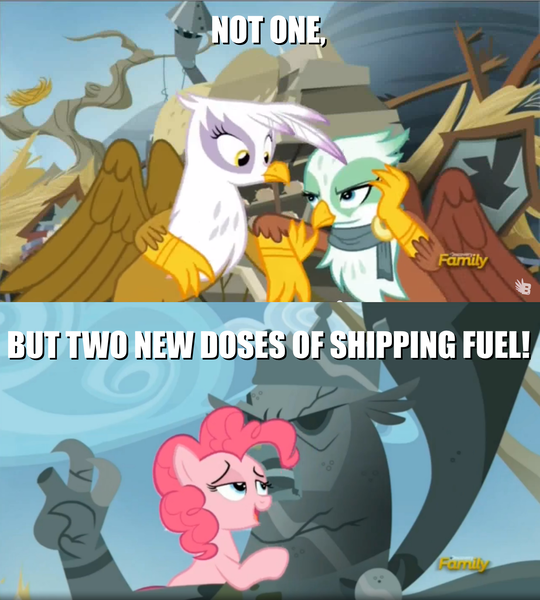 Size: 1278x1420 | Tagged: safe, derpibooru import, gilda, greta, king grover, pinkie pie, gryphon, the lost treasure of griffonstone, female, grelda, groverpie, lesbian, shipping, shipping fuel, text