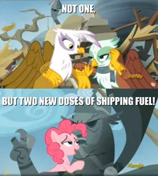 Size: 1278x1420 | Tagged: safe, derpibooru import, gilda, greta, king grover, pinkie pie, gryphon, the lost treasure of griffonstone, female, grelda, groverpie, lesbian, shipping, shipping fuel, text
