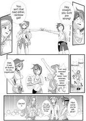 Size: 1024x1448 | Tagged: applejack, artist:0ryomamikado0, belly button, bouncing, bouncing breasts, breasts, clothes, comic, comic:doki doki harmony, derpibooru import, female, fist bump, human, humanized, manga, monochrome, pinkie pie, rainbow dash, suggestive, torn clothes, underboob