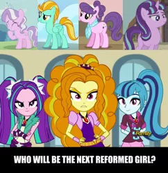 Size: 1150x1186 | Tagged: safe, derpibooru import, adagio dazzle, aria blaze, diamond tiara, lightning dust, sonata dusk, starlight glimmer, suri polomare, equestria girls, rainbow rocks, the cutie map, antagonist, discussion, hilarious in hindsight, question, the dazzlings