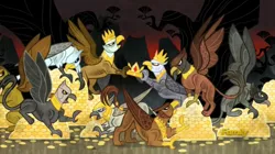 Size: 1914x1069 | Tagged: safe, derpibooru import, screencap, gryphon, the lost treasure of griffonstone, angry, bits, claws, coin, crown, fight, flashback, folded wings, gold, greed, greedy, history of griffonstone, hoard, paws, sin of greed, spread wings, talons, treasure, wings