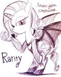 Size: 512x640 | Tagged: suggestive, artist:remyroez, derpibooru import, rarity, bat pony, vampire, bipedal, blowing a kiss, clothes, cosplay, female, heart, looking at you, monochrome, morrigan aensland, solo, solo female, spread wings, wings