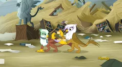 Size: 1276x706 | Tagged: safe, derpibooru import, screencap, gilda, greta, king grover, gryphon, the lost treasure of griffonstone, clothes, griffonstone, scarf, scone