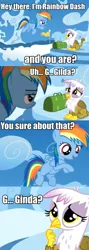 Size: 649x1829 | Tagged: safe, derpibooru import, gilda, rainbow dash, gryphon, the lost treasure of griffonstone, chickub, cute, diabetes, filly, flashback, flying, frown, gildadorable, image macro, meme, open mouth, pun, raised eyebrow, sitting, smiling, young