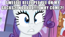 Size: 610x343 | Tagged: background pony strikes again, caption, clothes, derpibooru import, edit, edited screencap, engrish, excessive exclamation marks, image macro, meme, rarity, safe, screencap, shitposting, socks, sweetie belle, wat