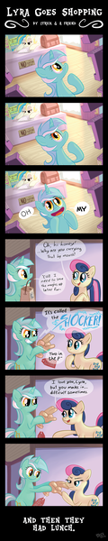 Size: 750x3753 | Tagged: questionable, artist:1trick, derpibooru import, bon bon, lyra heartstrings, sweetie drops, earth pony, pony, unicorn, and then they all fucked, bad dragon, bipedal, bon bon is not amused, comic, cutie mark, dialogue, female, grin, hand, hand fetish, hoof hold, hooves, horn, human fetish, lesbian, lidded eyes, looking at each other, looking at something, lyrabon, mare, naive, nose wrinkle, open mouth, patreon, raised hoof, scrunchy face, sex shop, sex toy, shipping, shocker, shop, smiling, stroking, subversion, subverted meme, unamused