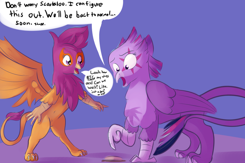 Size: 1024x683 | Tagged: safe, artist:cosmonaut, derpibooru import, scootaloo, twilight sparkle, twilight sparkle (alicorn), gryphon, pony, bipedal, book, excited, griffonized, happy, image, my little griffon, png, pointing, species swap, spoilers in source, transformation, wings