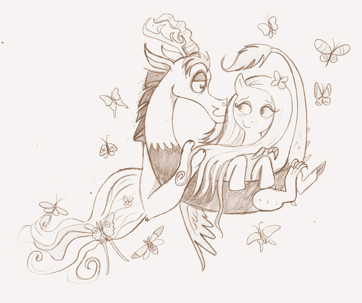 Size: 800x669 | Tagged: safe, artist:praysforaprankster, derpibooru import, discord, fluttershy, butterfly, discoshy, female, male, monochrome, shipping, sketch, straight, traditional art