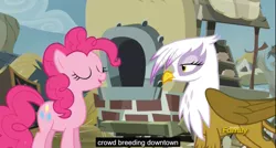 Size: 1600x855 | Tagged: suggestive, derpibooru import, edit, edited screencap, screencap, gilda, pinkie pie, gryphon, the lost treasure of griffonstone, caption, discovery family logo, implied orgy, meme, scone, youtube caption