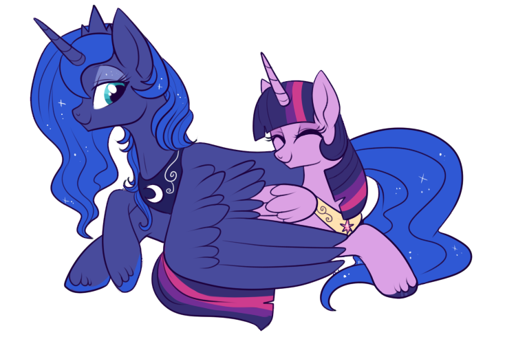 Size: 734x490 | Tagged: safe, artist:lulubell, derpibooru import, princess luna, twilight sparkle, twilight sparkle (alicorn), alicorn, pony, female, lesbian, mare, prone, shipping, simple background, transparent background, twiluna