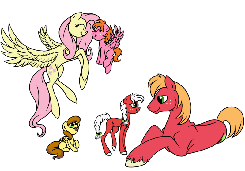 Size: 3000x2100 | Tagged: safe, artist:pampoke, derpibooru import, big macintosh, fluttershy, oc, oc:caramel apple, oc:lacey rose, oc:pink lady, earth pony, pony, fluttermac, male, offspring, parent:big macintosh, parent:fluttershy, parents:fluttermac, shipping, simple background, stallion, straight, transparent background