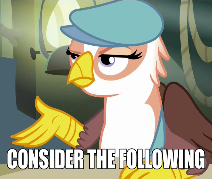 Size: 1214x1024 | Tagged: safe, derpibooru import, screencap, gimme moore, gryphon, the lost treasure of griffonstone, consider the following, meme, reaction image, solo