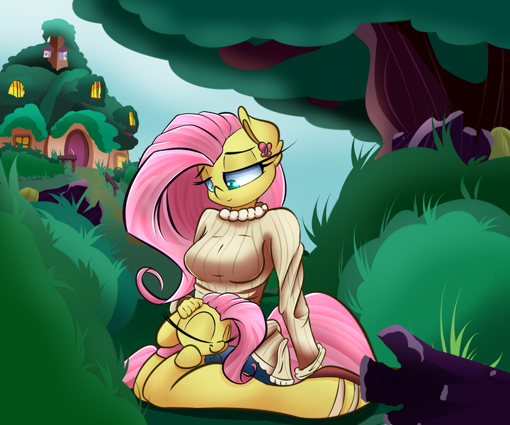 Size: 2400x2000 | Tagged: anthro, anthro ponidox, artist:madacon, breasts, busty fluttershy, clothes, derpibooru import, female, fluttershy, madacon is trying to murder us, safe, self ponidox, sweater, sweatershy, unguligrade anthro