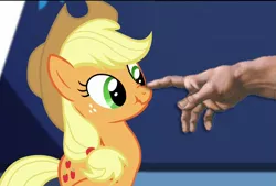 Size: 1065x720 | Tagged: applejack, artist:michelangelo, boop, boop edit, castle sweet castle, cute, derpibooru import, edit, edited screencap, fine art parody, god, hand, michelangelo, nose wrinkle, safe, screencap, scrunchy face, the creation of adam, the creation of pony