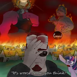 Size: 800x800 | Tagged: apocalypse, artist:sanyo2100, censor bar, censored, crossover, derpibooru import, fanfic art, gary coleman, human, lord tirek, nudity, postal, postal 2, postal dude, semi-grimdark, suggestive, twilight sparkle