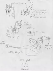 Size: 2368x3156 | Tagged: safe, artist:parclytaxel, derpibooru import, oc, oc:parcly taxel, unofficial characters only, alicorn, genie, genie pony, pony, albumin flask, 15-crown-5, accessories, alicorn oc, bag, blue diamond, chemistry, crown, crown ether, eyes closed, floating, horn ring, key sync, levitation, lineart, meditating, meditation, monochrome, new crown, pun, ruby, saddle bag, science, solo, spirit, third eye, traditional art, visual pun