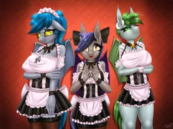 Size: 5299x3947 | Tagged: safe, artist:replica, derpibooru import, oc, oc:echo, oc:mosina, oc:nightlight, unofficial characters only, anthro, bat pony, bat pony oc, bell, bell collar, big breasts, blushing, breasts, choker, clothes, collar, cufflinks, cuffs (clothes), cute, dress, female, french maid, frilly dress, garter, glasses, headband, huge breasts, looking at you, maid, ponytail, ribbon, skirt, stockings