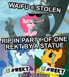 Size: 800x900 | Tagged: safe, derpibooru import, cheese sandwich, king grover, party favor, pinkie pie, sugar belle, gryphon, the lost treasure of griffonstone, bedroom eyes, crack shipping, crying, dank memes, exploitable meme, groverpie, marijuana, meme, mlg, rekt, shipping, shipping denied, statue, waifu thief